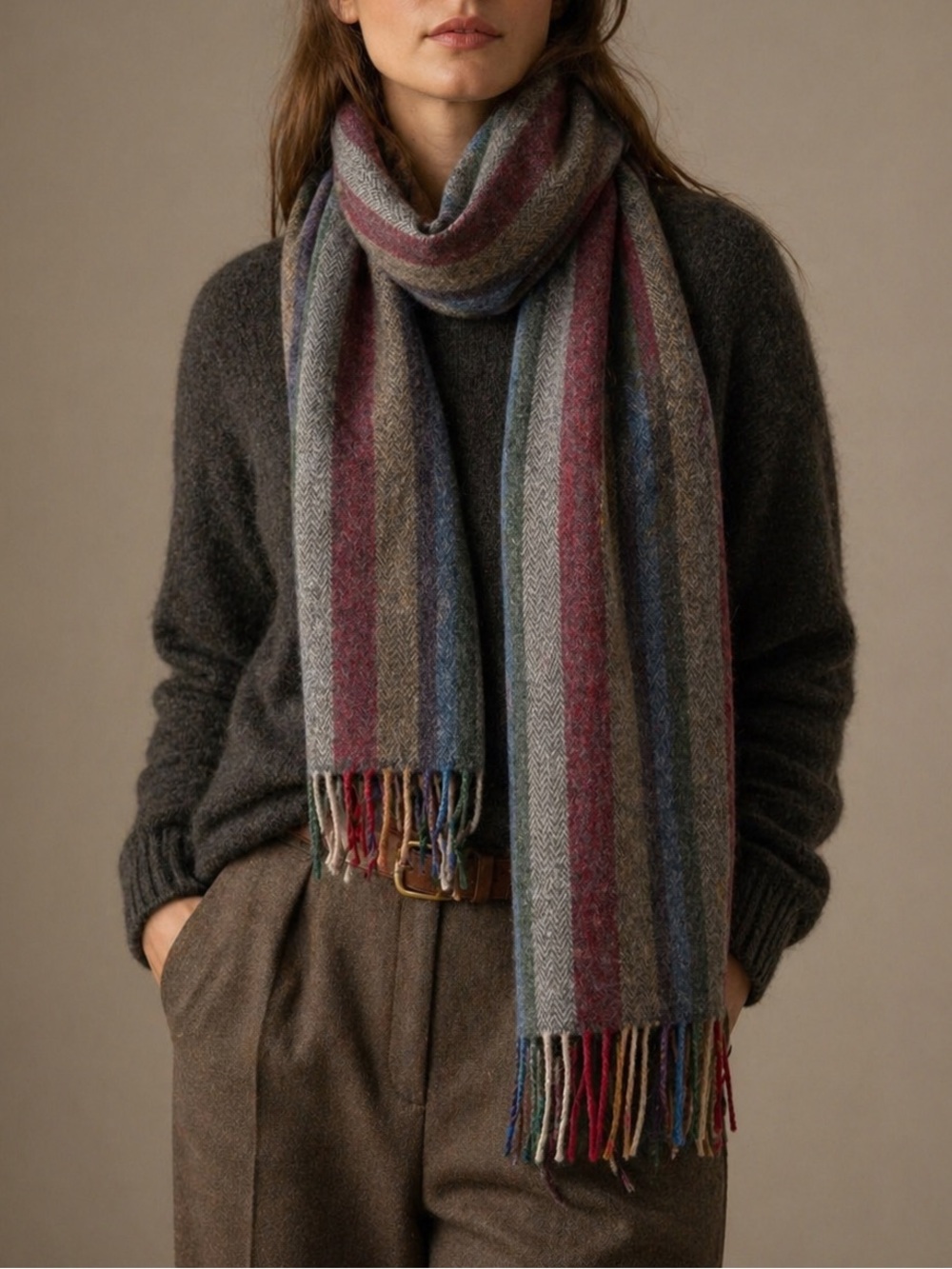 Aran Sweater Market Ireland Lambswool Herringbone Striped Scarf Fringe